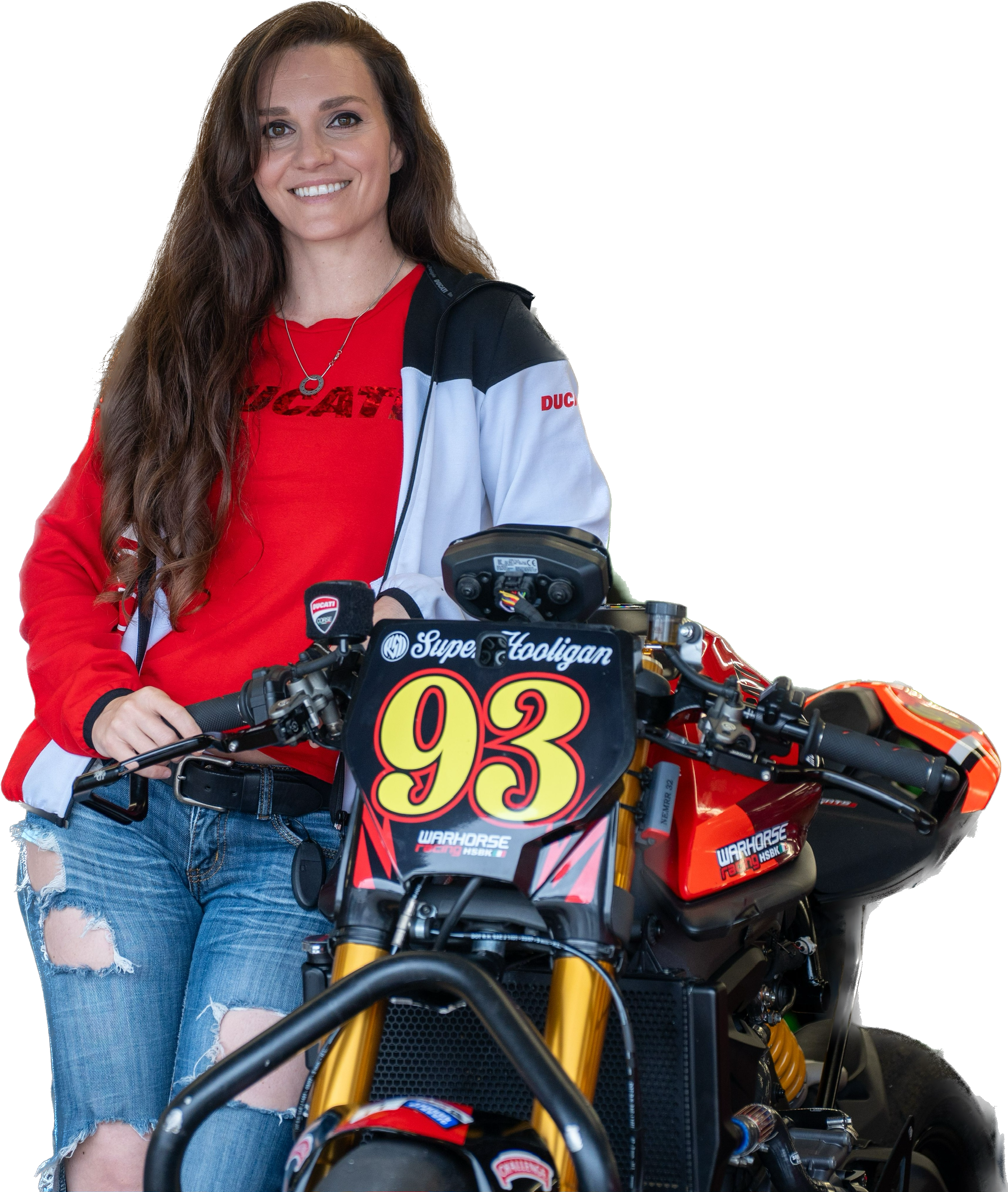 Shelina Moreda standing next to her Ducati Monster SP race motorcycle